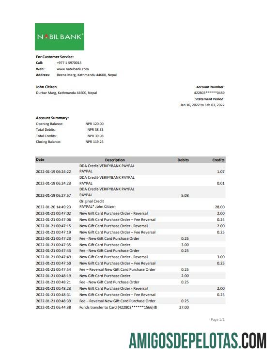 Extrato bancário realista do Nepal Nabil modelo Excel e PDF